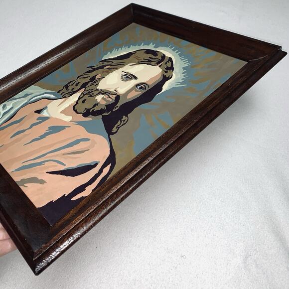 Vtg Jesus Paint By Number Art Completed Real Wood Frame PBN Painting 1958 Good - Picture 5 of 9